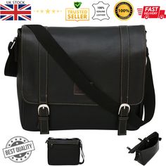 black leather messenger bag with shoulder strap and buckles for men, made in the uk