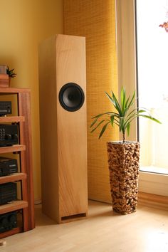 a wooden speaker next to a potted plant in front of a window with yellow walls