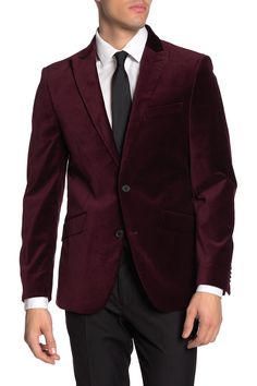 Up your style game with this jewel tone, velvet blazer. Fit: this style fits true to size. S=short, R=regular, L=long. Velvet construction. Slim cut. Peak lapel. Long sleeves with four cuff functional buttons. Two button closure. 3 outer pockets. 4 inner pockets. Side vents. Lined. Approx. 29" length (size 40R). Imported Burgundy Velvet Blazer Mens, Winter Formal Solid Color Blazer, Business Velvet Outerwear With Lapel Collar, Formal Velvet Blazer With Button Closure, Velvet Blazer With Button Closure For Formal Occasions, Formal Fall Sport Coat, Velvet Single-breasted Blazer With Suit Collar, Party Blazer With Notch Lapel And Pockets, Classic Single Button Velvet Outerwear