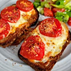 two pieces of bread with tomatoes and cheese on them, next to a side salad