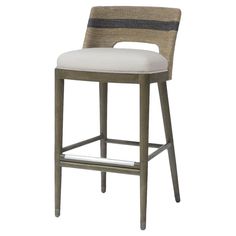 an upholstered bar stool with a white cushion