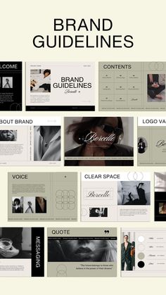 the brand guidelines are displayed in black and white, with many different images on it