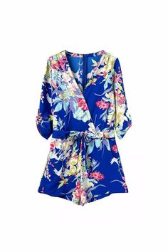 Blue Floral Printing V-Neck Wrap Front Cropped Sleeve Waisted Jumpsuit - Uniqistic.com Bodycon Jumpsuit Clubwear, Ladies Outfits, Tie Waist Jumpsuit, Floral Print Jumpsuit, Floral Print Rompers, Blue Cross, Blue Romper, Blue Jumpsuits, Playsuit Romper