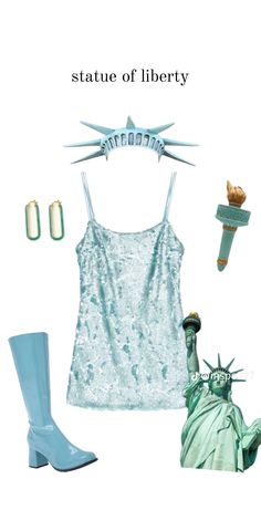 the statue of liberty outfit is shown with blue boots and high heeled booties