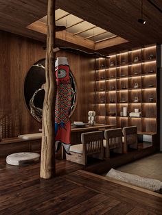 a room with wooden floors and shelves filled with items on the wall next to a table