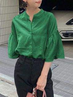 Collar Details, Green Style, Flounce Sleeve, Button Front Shirt, Shirt Sale, Green Fashion, Sleeve Type, Shoulder Sleeve, Fashion Online Shop