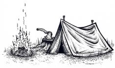 a drawing of a tent next to a campfire with a person sitting in it