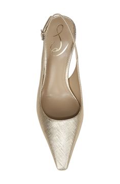 An adjustable slingback strap secures your stride in the airy elegance of a pointy-toe pump with a refined, minimalist design. 2 1/2" heel (size 8.5) Adjustable slingback strap with buckle closure Leather or synthetic or genuine calf hair (Vietnam) upper/synthetic lining and sole Imported Gold Ankle Strap Slingback Pumps For Work, Classic Gold Slingback Pumps With Ankle Strap, Gold Slingback Pumps With Heel Strap For Office, Elegant Gold Slingback Pumps With Wrapped Heel, Elegant Slingback Pumps With Branded Insole For Office, Gold Pointed Toe Slingback Pumps For Office, Elegant Slingback Pumps For Office, Elegant Gold Slingback Pumps For Office, Calf Hair