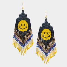 Black Yellow Beaded Fringe Smiley Face Accented Seed Beaded Design Style Dangle Drop Earrings Happy Cute Fun Fashion Statement Jewelry Accessories Size 5.5" X 1.75" Fish Hook Backing Theme: Smile , Fringe Color : Multi Multicolored, Blue , Yellow , White M 1022 E Trendy Yellow Beaded Dangle Earrings, Black Beaded Earrings For Summer Gifts, Trendy Black Beaded Earrings, Trendy Black Beaded Earrings For Gift, Fun Black Beaded Jewelry, Black Smiley Face, Crystal Teardrop Earrings, Happy Fashion, Handmade Earrings Beaded