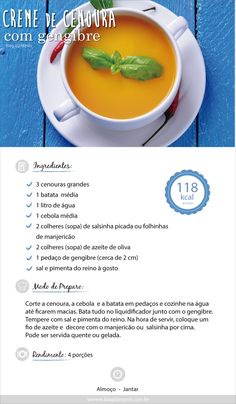 a menu with a cup of soup and basil leaves on the top, in spanish