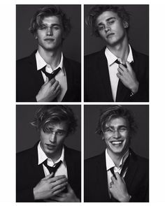 four different shots of a young man wearing a suit and tie with his hands on his chest