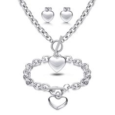 PRICES MAY VARY. 💕LOVE HEART JEWELRY SET--An order contains many different styles of jewelry, including heart pendant necklace toggle chain, heart pendant bracelet toggle chain, love heart earrings,You can arbitrarily match according to your different needs, it is a affordable set. 💕BEST QUALIRY--316L stainless steel, high strength and hardness, smooth and never scratch your neck and wrist. Hand polishing stainless steel will never rust, never fade, and hand polishing made the love heart neckl Tiffany Jewelry Necklace, Heart Jewelry Set, Chain Heart, Love Jewelry, Women's Jewelry Sets, Fashion Jewelry Sets, Valentines Jewelry, Heart Studs, Heart Earrings Studs