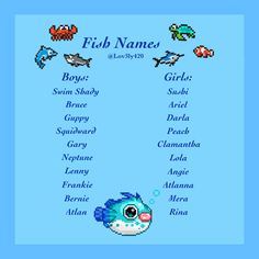 the fish names in an old school computer game, with different types of fish on them