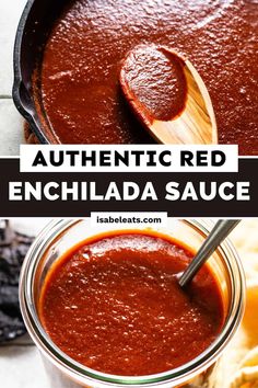 authentic red enchilada sauce in a jar with a wooden spoon