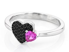 0.13ctw Round Black Spinel With 0.26ct Heart Shape Lab Created Pink Sapphire Rhodium Over Sterling Silver Ring. Measures Approximately 0.41"L x 0.33"W. Not Sizeable. Heart Cut Jewelry With Pave Setting For Promise, Black Spinel, Pink Sapphire, Heart Shape, Sterling Silver Ring, Silver Ring, Sterling Silver Rings, Heart Shapes, Sapphire