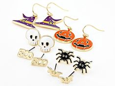 Off Park�� Collection Gold Tone Halloween Earring Set of 6. Bat earrings measure approximately 0.16"L x .46"W. Skull earrings measure approximately 0.50"L x 0.47"W. "Boo" earrings measure approximately 0.22"L x 0.46"W. Spider earrings measure approximately 0.42"L x 0.46"W. Witch hat measure approximately 0.98"L x 0.84"W. Jack-o-lantern earrings measure approximately 1.07"L x 0.65"W. Push backings and fish hook backings. Hypoallergenic Jewelry For Halloween Party, Hypoallergenic Dangle Earrings For Halloween, Novelty Halloween Pierced Earrings, Halloween Novelty Drop Earrings Jewelry, Halloween Novelty Drop Earrings, Novelty Pierced Earrings For Halloween, Novelty Drop Earrings For Halloween, Spooky Hypoallergenic Jewelry For Halloween, Gold Novelty Earrings For Halloween