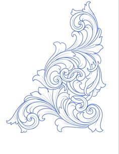 a drawing of an ornamental design with swirls and leaves in blue ink on white paper