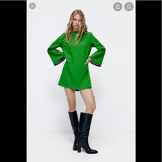 Zara Blogger Bell Sleeve Dress Green A-line Mini Dress For Spring, Winter A-line Mini Dress For Date Night, Green Long Sleeve Shift Midi Dress, Green A-line Long Sleeve Dress For Spring, Green Long Sleeve Cocktail Mini Dress, Green A-line Winter Dress, Green A-line Mini Dress For Casual Occasions, Chic Long Sleeve Lined Mini Dress, Spring Evening Long Sleeve Mini Dress