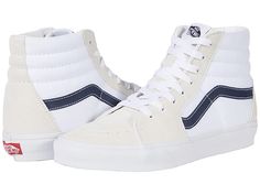 Vans SK8-Hi - Skate Shoes : (Classic Sport) Dress Blues/True White : Keep it old school every step of the way with the classic Vans SK8-Hi skateboard shoes! High-top skate shoes with a classic silhouette and Sidestrap detail. Uppers of suede, leather, or canvas. Cotton drill lining. Padded collar for added comfort and support. Triple-stitch collar adorns collar. Die-cut EVA insert. Vulcanized construction: • Slimmed-down profile offers a flexible feel. • Gum rubber outsole with signature waffle Classic High-top Skate Shoes With White Sole, Classic High-top Skate Shoes, Classic Lace-up High-top Sneakers For Skateboarding, Classic High-top Canvas Shoes For Sports, Canvas Skate Shoes With Cushioned Footbed For Streetwear, Classic High-top Skate Shoes For Streetwear, White Canvas Skate Shoes With Cushioned Footbed, Cushioned Canvas Skate Shoes For Streetwear, Vans Canvas Skate Shoes With Cushioned Footbed