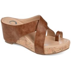 The Rayna features a beautiful crisscross design and a unique toe strap detail. The faux leather on the straps wrap gracefully behind the wedge heel and synthetic cork materials on the outsole peep through on the platform. At Journee Collection our sandal styles are going to be perfect for any occasion. Whether that be a formal business or casual dress these sandals will be a perfect match. Slip On Wedge Sandals, Brown Wedge Sandals, Clogs Style, Luggage Bags Travel, Womens Sandals Wedges, Leather Wedge Sandals, Women Men Shoes, Journee Collection, Womens Wedges