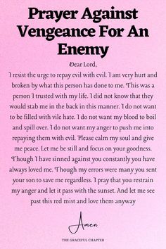 a prayer card with the words prayer against vengence for an enemy