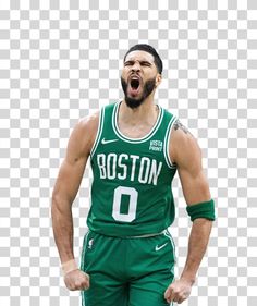 a basketball player with his mouth open in front of the camera, wearing green and white uniform