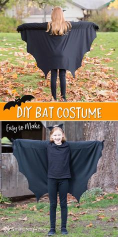 a girl wearing a bat costume with text overlay that says diy bat costume easy to make