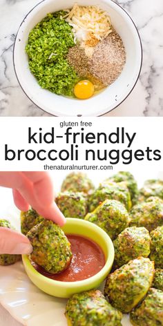 the broccoli nuggets are being dipped with sauce