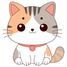 a cartoon cat with big eyes sitting down and looking at the camera while wearing a pink collar