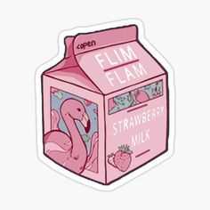 a pink carton sticker with an image of a flamingo and strawberry milk