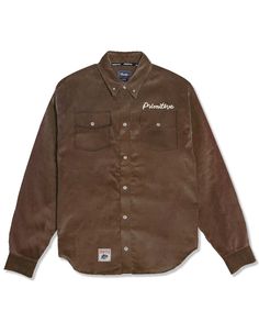 Primitive De Soto Corduroy Button Up Shirt. Engraved Buttons. Dual Chest Pockets With Button Closures. Primitive Embroidery Over Left Chest Pocket. Custom Woven Label At Lower Right Body. Long Sleeves With Button Cuffs. 100% Cotton. Machine Wash. Imported. Brown Button-up Shirt With Corduroy Collar, Collared Corduroy Tops With Button Closure, Corduroy Collared Top With Button Closure, Corduroy Button-up Tops, Collared Corduroy Shirt With Button Closure, Winter Corduroy Shirt With Button Closure, Winter Corduroy Button Shirt, Winter Corduroy Shirt With Buttons, Brown Corduroy Collar Button-up Top