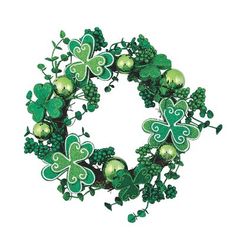 a green wreath with shamrocks and balls on it