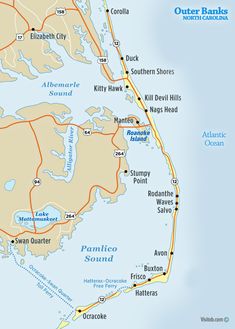 a map of the outer banks of north carolina with roads and major cities on it