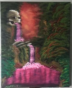 a painting of a waterfall with a skull on it