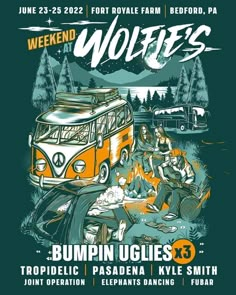 the poster for weekend vollies featuring an orange and white vw camper van