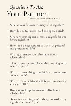 Deepen your connection with your partner through meaningful conversations. Use these thoughtful questions to explore each other's hearts and minds, building a stronger, more intimate relationship. Perfect for couples seeking to grow together in love and understanding. #CoupleGoals #DeepConversations #RelationshipGrowth #LoveAndFaith Relationship Content Ideas, Deep Questions To Ask In A Relationship, Love Questions Relationships, Deepen Relationship, Building A Relationship, Conversation For Couples, Questions To Get To Know Someone Relationships, Questions To Help Your Relationship, Relationship Therapy Questions