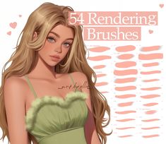 a drawing of a woman with long blonde hair wearing a green dress and text that reads, 54 rendering brushes