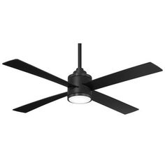 a black ceiling fan with light on it