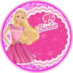 a barbie doll is standing in front of a pink background with stars and sparkles