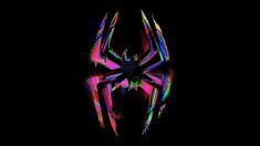 the spider man logo in neon colors on a black background, with an abstract design