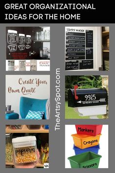 there are many different types of mailboxes in this collage with the words, organization and ideas using decals