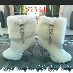 Nwot Fun White Embellished Boots. Sz 7 White Boots For Evening In Winter, White Winter Boots For Evening, White Winter Evening Boots, Embellished Boots, Pink Platform Heels, Pink Platform, Pink Platforms, White Boots, Painted Shoes