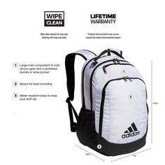 Carry everything you need for practice or the gym with this adidas Defender backpack. Carry everything you need for practice or the gym with this adidas Defender backpack. Water-resistant base material keeps your stuff dry Sturdy backpack has a main compartment and a separate ventilated shoe garage for wet or muddy items Wipe-able matieral for easy spot cleaning with soap and water Fits a laptop up to 15.6" Zipper closure 19.5"H x 11"W x 8.5"D Manufacturer's lifetime warranty. For warranty infor Adidas Sports Bags With Logo, Sporty Adidas Backpack, Sporty Adidas Logo Backpack, Adidas Sports Backpack With Logo, Adidas Gym Bag With Logo, Sporty Adidas Backpack For Outdoor Activities, Sporty Adidas Logo Backpack For Travel, Sporty Adidas Backpack For Travel, Sporty Adidas Travel Backpack