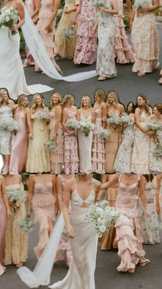 the bride and her bridal party are all dressed in different styles, from pink to white