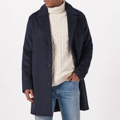 This New Topcoat In A Wind- And Water-Resistant Wool-Blend Fabric, Featuring Classic Lapel Collar, Luxe Interior Lining, Button Front Closure And Side Pockets. Lining: 55% Polyester, 45% Viscose / Shell: 49% Wool, 44% Polyester, 3% Acrylic, 2% Nylon, 2% Cotton Navy Wool Outerwear With Concealed Placket, Classic Blue Outerwear With Concealed Placket, Blue Winter Peacoat With Hidden Button Closure, Classic Blue Wool Outerwear, Navy Outerwear With Lapel Collar And Hidden Buttons, Blue Wool Outerwear With Pockets, Tailored Navy Outerwear With Concealed Placket, Blue Wool Outerwear For Winter, Blue Wool Long Coat