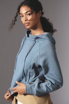 Cotton, polyester Pullover styling Slim fit Machine wash Imported | Hoodie by Daily Practice by Anthropologie in Blue, Women's, Size: 2XS, Polyester/Cotton Collared Sweatshirt, Daily Practices, Blue Sweatshirt, Pink Sweatshirt, Shawl Collar, Gray Jacket, Long Sleeve Sweatshirts, Pullover Styling, Hooded Jacket