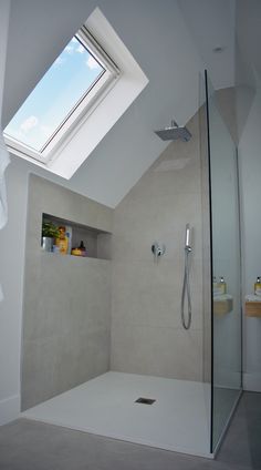 a bathroom with a skylight above the shower