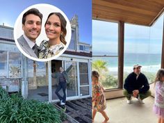 a man and woman standing in front of a beach house