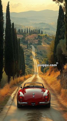 a red sports car driving down a dirt road