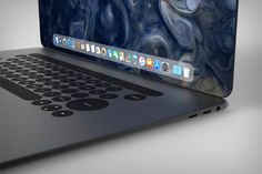 an open laptop computer sitting on top of a white table next to a black keyboard